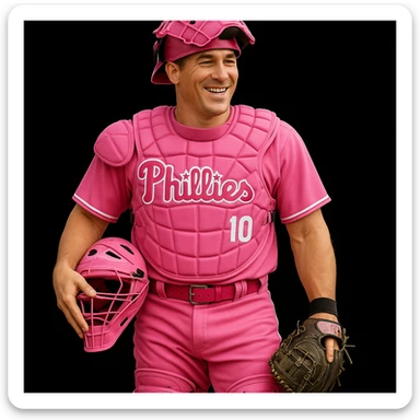 Add realistic catcher's gear to J.T. Realmuto wearing the all pink baseball uniform, maintaining the Mother's Day theme with realistic details. Keep the look consistent with the original image. sticker