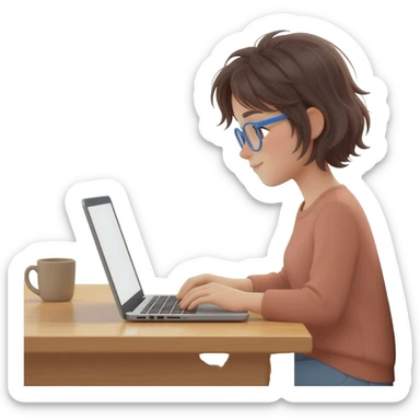 girl with messy hair and glasses working from home  on PC sticker