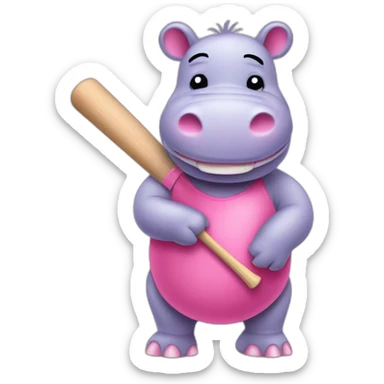 cute pink hippo holding a cricket bat sticker