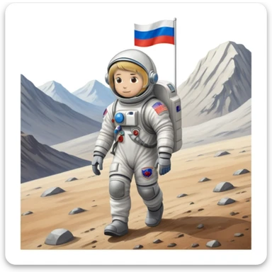 Cosmonaut walking on a planet surface, wearing a spacesuit with Russian flag, light hair and light skin visible through helmet sticker