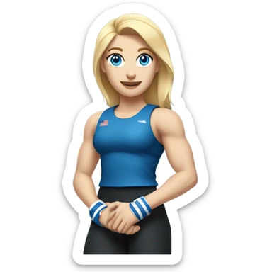 Close up Actively gesturing  with hands Pale skinned Fit woman With the biceps and blonde hair in dark gray Sleeveless Mike, black sports shorts, watch and white Sneakers and Blue Eyes  sticker