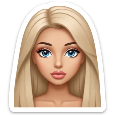 Glamours, tanned, very beautiful girl, with big pump peach-beige-rose lips, long long lashes, black straight smooth silky long hair, straight parting hair, blue-grey eyes sticker