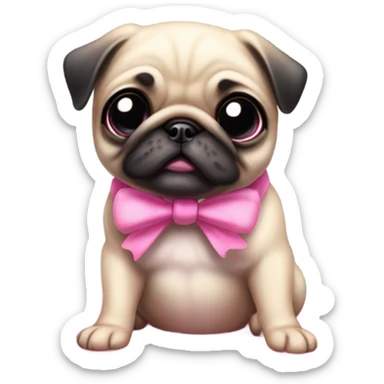 Baby pug with big pink
eyes wearing a pink bow above 1 ear sitting in a puddle  sticker