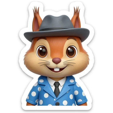 3D squirrel head emoji, Apple style, glossy plastic texture, grey fedora, blue polka-dot coat, cute wide-eyed expression, studio lighting, white background, high detail. sticker