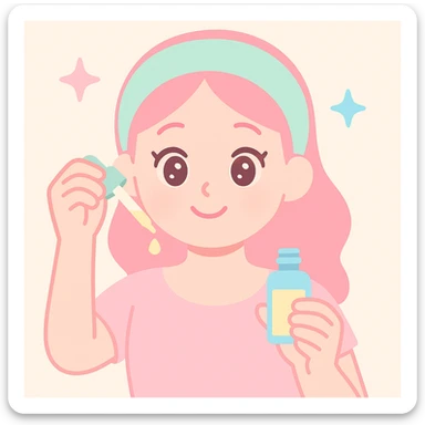 woman using skincare serum, smiling, contemporary, light background sticker