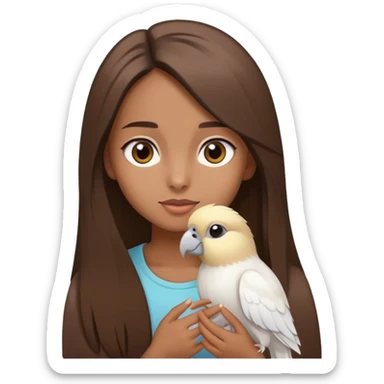 Girl with brown long straight hair and brown eyes, holding 2 white cockatiels sticker