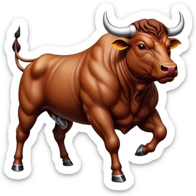 Cinematic Realistic depiction of a powerful Spanish charging bull, rendered with dynamic muscle definition and detailed, textured hide, set against a dramatic backdrop with intense, action-packed lighting sticker