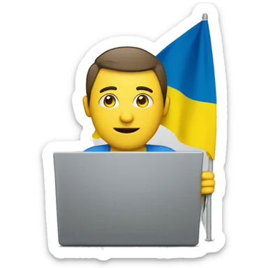 man with the flag of Ukraine and behind a laptop sticker