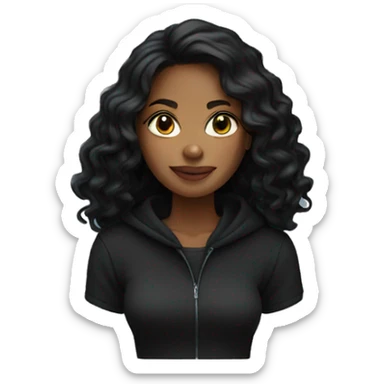 Woman with tall black wavy hair wearing black hoodie  sticker
