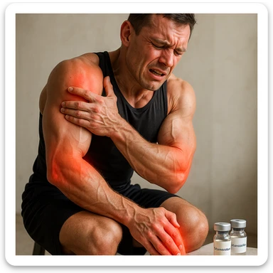 realistic and anatomical crossfit athlete showing multiple joint pain, prominent muscles, expression of discomfort, vials labeled 'Stanozololo' nearby, natural light, neutral background sticker