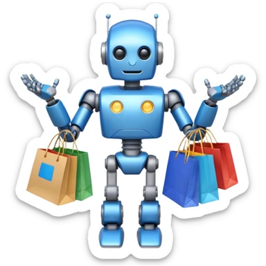 black friday robot with blue and metalic colours with bags in his hands  sticker