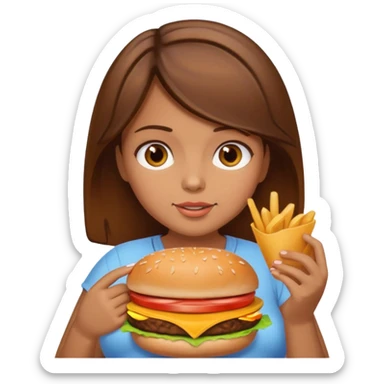 Pregnant girl with brown hair and brown eyes eating a cheeseburger sticker