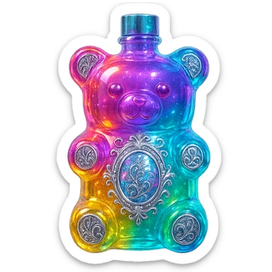 modernus prabangus eliksyro buteliukas, guminuko meškiuko forma, ryški permatoma spalva, holografiniai ir sidabriniai ornamentai, stiprūs magiški švytėjimai ir efektai, labai mažas kaklelis, skaidrus fonas, vientisas dugnas, be šešėlio, plūduriuoja ore, kolekcijos stilius sticker