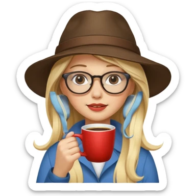 long hair blonde woman drink coffe with hat and glasses sticker