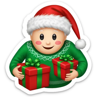 A red ornament with a happy face with a green Christmas sweater with fluff at the top and bottom holding a red and green present sticker