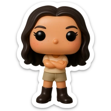 Edit the image into a Funko Pop style vinyl figure with superior quality: smooth tanned skin, detailed dark hair with subtle auburn highlights, textured clothing consisting of a cream top and greige bottoms, very dark leather boots, arms crossed, rosy cheeks, very discreet freckles, mischievous and cheerful expression, no mouth, transparent background. sticker