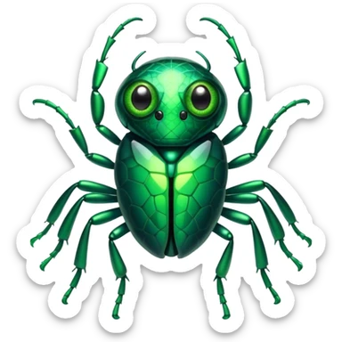 Cinematic Cute Green Bugdie Portrait Emoji, Head tilted playfully and inquisitively, featuring a glossy, vibrant emerald exoskeleton with intricate patterns, round, sparkling multifaceted eyes filled with curiosity, Simplified yet irresistibly adorable features, highly detailed, glowing with a warm, friendly glow, high shine, affectionate and lively, stylized with a touch of whimsy, bright and endearing, soft glowing outline, capturing the essence of a mischievous yet charming bug, so playful it feels like it could buzz out of the screen and into your arms! sticker
