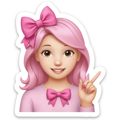 Chica sonriendo con un lazo rosa en la cabeza y mordiendose la punta del dedo indice con delicadeza y la otra mano que no salga sticker