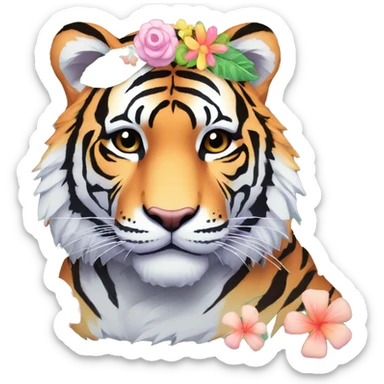 Pixel art of a pastel tiger wearing tropical flowers and leaves, flower crown, floral  sticker