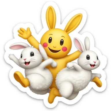 A smiley emoji with arms and legs being chased by 2 rabbits sticker