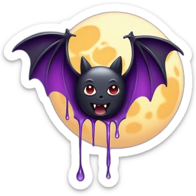 purple black vampire bat wings flying in front of large dripping crescent moon sticker