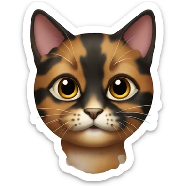 tortoiseshell cat with mostly black face, some red and white belly and chin sticker