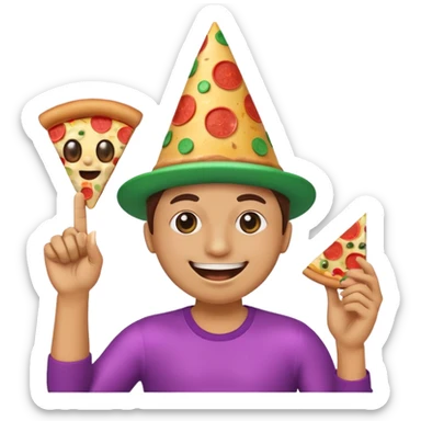 funny emoji called 'party Overload': laughing face with disco ball eyes, tilted party hat, making a finger gun with one hand, holding pizza in the other sticker