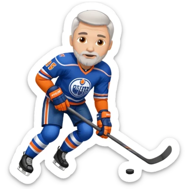 Handsome, muscular white man with gray hair and goatee, playing hockey and wearing an Oilers jersey sticker