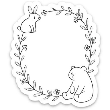 cozy hand-drawn Mori style pastel background with soft watercolor texture, cute botanical wreath of leaves and tiny flowers, soft pastel colors, clean minimal design, a soft brown bear sitting at the bottom right, a light beige bunny sitting at the top left, high resolution, planner cover, A4 vertical ratio sticker