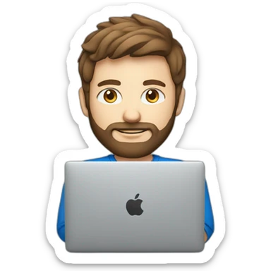 man with brown hair and blue eyes, a fine beard, wearing a f1-shirt working with a macbook sticker