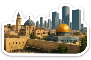 cinematic, realistic emoji combining Jerusalem and Tel Aviv, wide city view with realistic depictions of Dome of the Rock, Western Wall, Church of the Holy Sepulchre, and Tel Aviv skyline with Azrieli Center, lifelike detail, accurate colors, bright daytime lighting, fully transparent background with no sky and no clouds, emphasize realism and architectural accuracy sticker