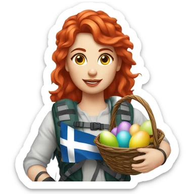 Greek Female winter mountaineer red hair white skin climbing with Greek Flag and Easter eggs basket sticker
