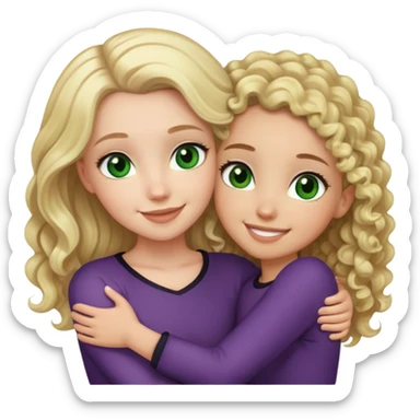 a white girl with blonde straight hair and green eyes is hugging a light skin girl with black, curly hair and brown eyes. the girl with curly hair is ab bit bitter than the white girl  sticker