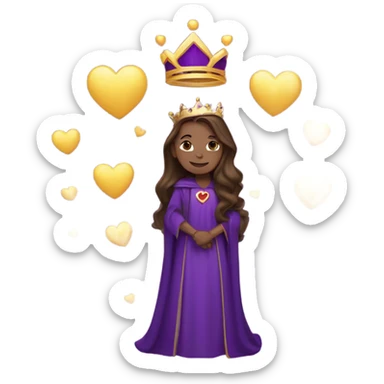 Caucasian long  brunette woman wearing formal royal purple robes and a crown. A burst of hearts are floating around her sticker