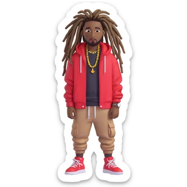 dark-skinned rapper with dreadlocks, stylish streetwear, confident expression, urban vibe sticker