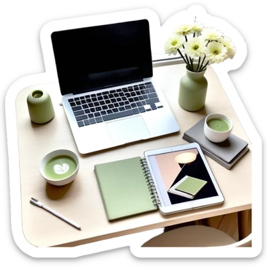 seeing a working from home desk from above with a macbook computer, fashion/interior magazines, flowers in a little vase, louis poulsen portable lamp with a dimmed cozy light and a iced matcha. very scandinavian aesthetic sticker