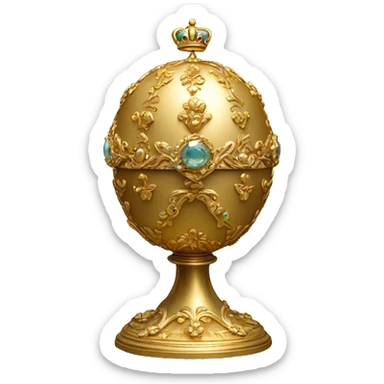 golden Faberge egg on short pedestal wearing a crown sticker