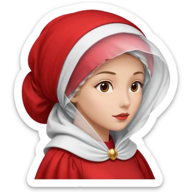 mujer de perfil con un vestido rojo de manga y falsas largas y voluptosas, y una toca blanca GRANDE que no se le ve la cara porque la toca la cubre sticker