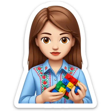 A Ukrainian girl with brown hair in an embroidered shirt holds Lego bricks sticker