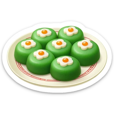 Qingming Festival green rice balls Qingtuan with sweet filling, simplified emoji style with bold outlines and bright colors, cartoon style green mochi-like dessert sticker