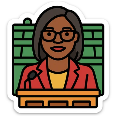 Kemi Badenoch, confident, in parliament, color outline icon style sticker