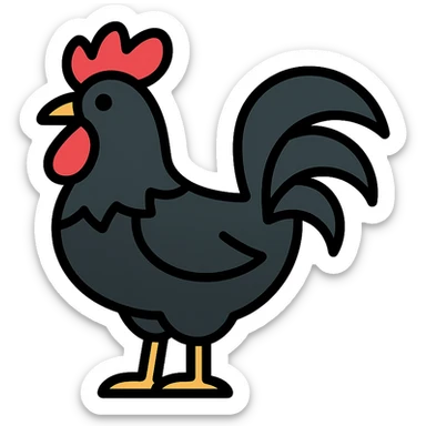 black rooster, prominent feathers, graphic style, bold and striking sticker