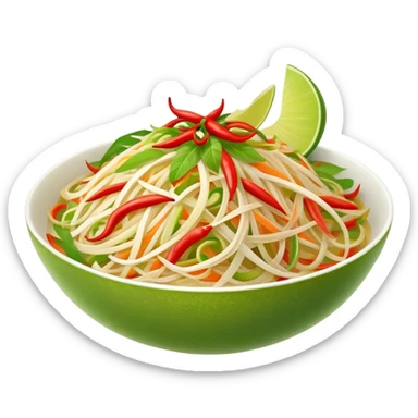 Cinematic Realistic Som Tam (Papaya Salad) Dish Emoji, featuring a spicy, tangy salad of shredded green papaya with chili and lime rendered with crisp textures and bright, lively lighting. sticker