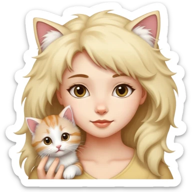 There's a fluffy kitten on a girl's head, its tail wagging gently. sticker