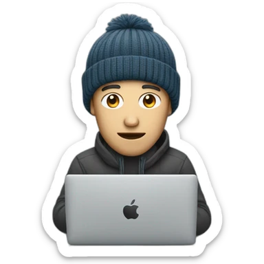 a man with a long jaw, no beard, and beanie hat doing coding on a Mac sticker