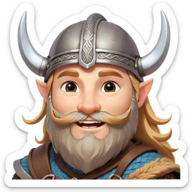 Clash of Clans aesthetic: Cinematic Playful Viking Portrait Emoji, Head tilted with a cheeky grin and twinkling eyes, featuring a compact, charming build with a modest, stylized Viking helmet and a playful beard, his face rendered in natural skin tone, Simplified yet irresistibly charming features, highly detailed, glowing with a warm, inviting radiance, high shine, spirited and lively, stylized with an air of whimsical Nordic mischief, soft glowing outline, capturing the essence of a playful Viking exuding friendly rogue charm! sticker