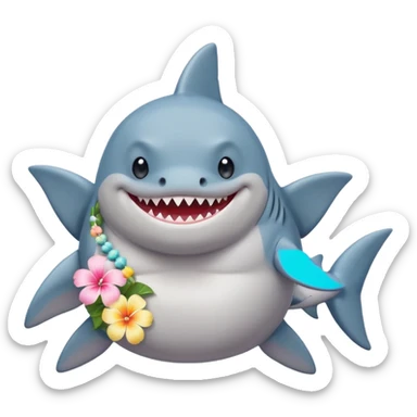 A cute chubby shark with hawaii pastel flower necklace, posing proudly. sticker