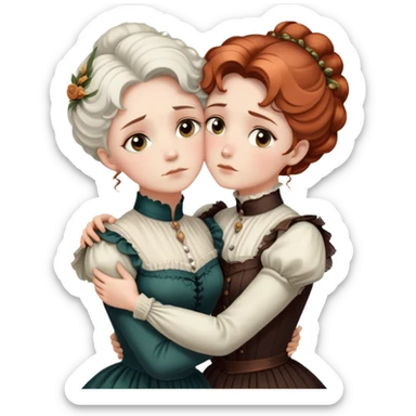 Two Victorian women with light eyes in a sad intimate hug, one with white coiffed hair and one with copper coiffed hair, wearing Victorian high-neck dresses, embracing tightly sticker