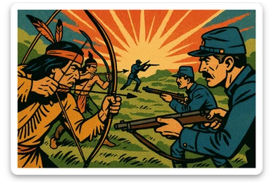 A conflict scene between native American warriors using bows and arrows and the US Army using rifles in the American West in the 1860s. sticker