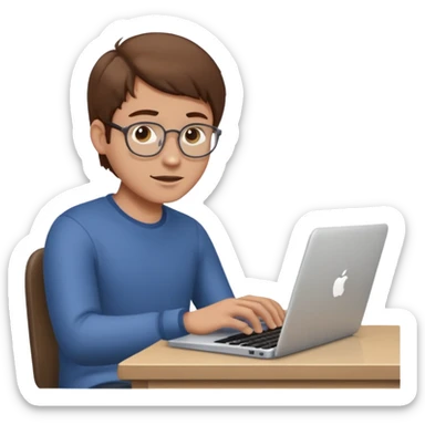 memoji of a man with a laptop in front, apple-style,modern,brown hair light skin ton and natural emotion, working looking on his laptop sticker